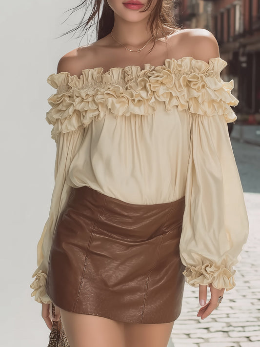 Vintage Off-Shoulder Satin Top - Ruffle Trim & Puff Sleeve
