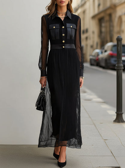 Black Sheer Maxi Dress with Gold Buttons - Long Sleeve Collar