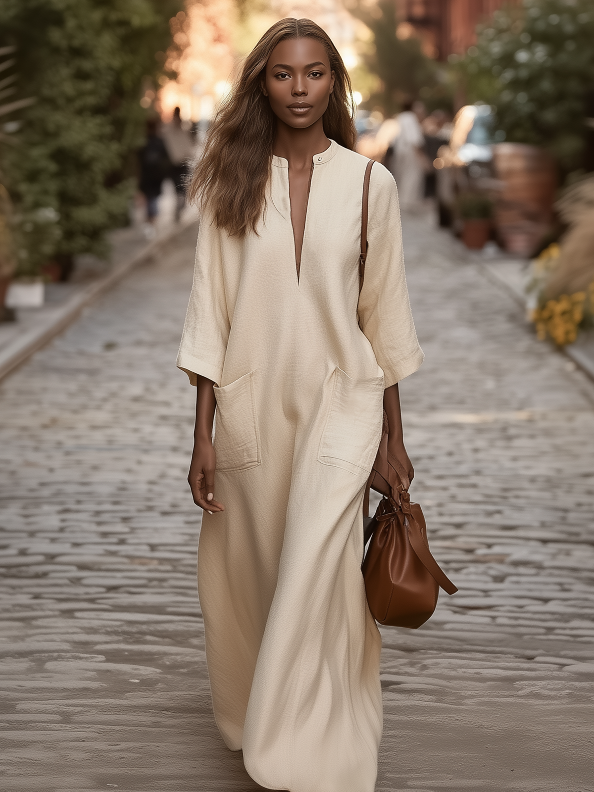 Cream Linen Maxi Dress with Pockets - 3/4 Sleeve V-Neck