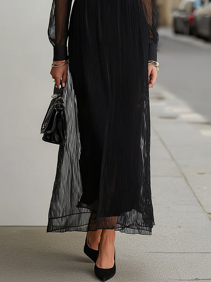 Black Sheer Maxi Dress with Gold Buttons - Long Sleeve Collar
