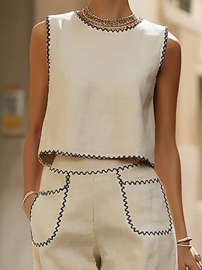 Cream Wide Leg Pants Set with Functional Side Pockets