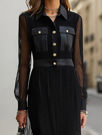 Black Sheer Maxi Dress with Gold Buttons - Long Sleeve Collar