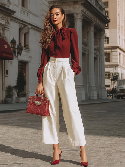 Burgundy Tie-Neck Blouse & White Wide-Leg Pants - 2pc Set