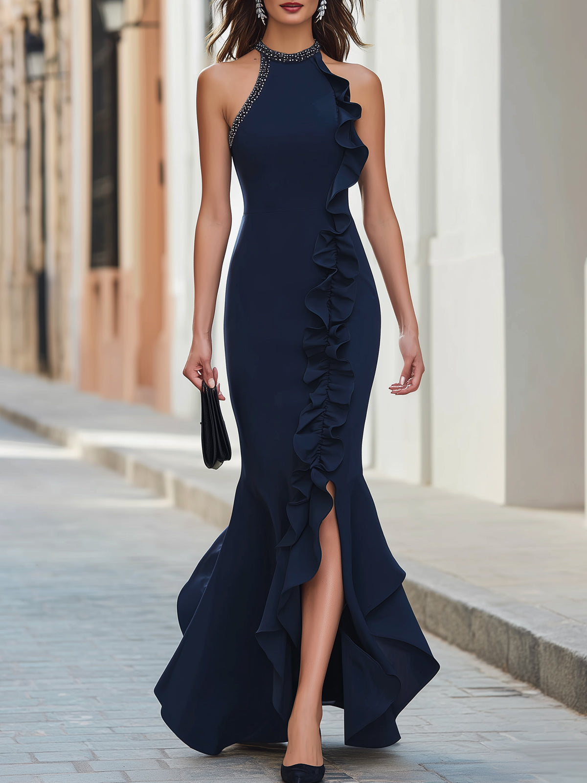 Navy Blue Halter Maxi Dress Ruffle Trim High Slit