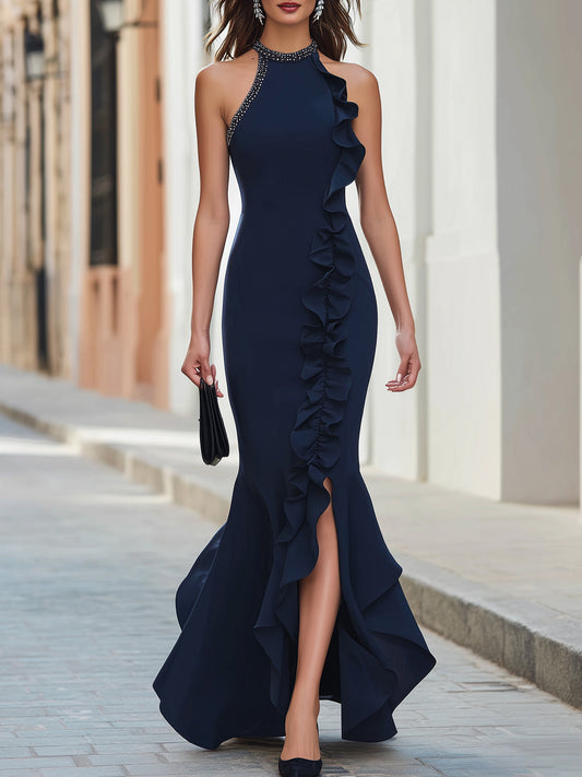 Navy Blue Halter Maxi Dress Ruffle Trim High Slit